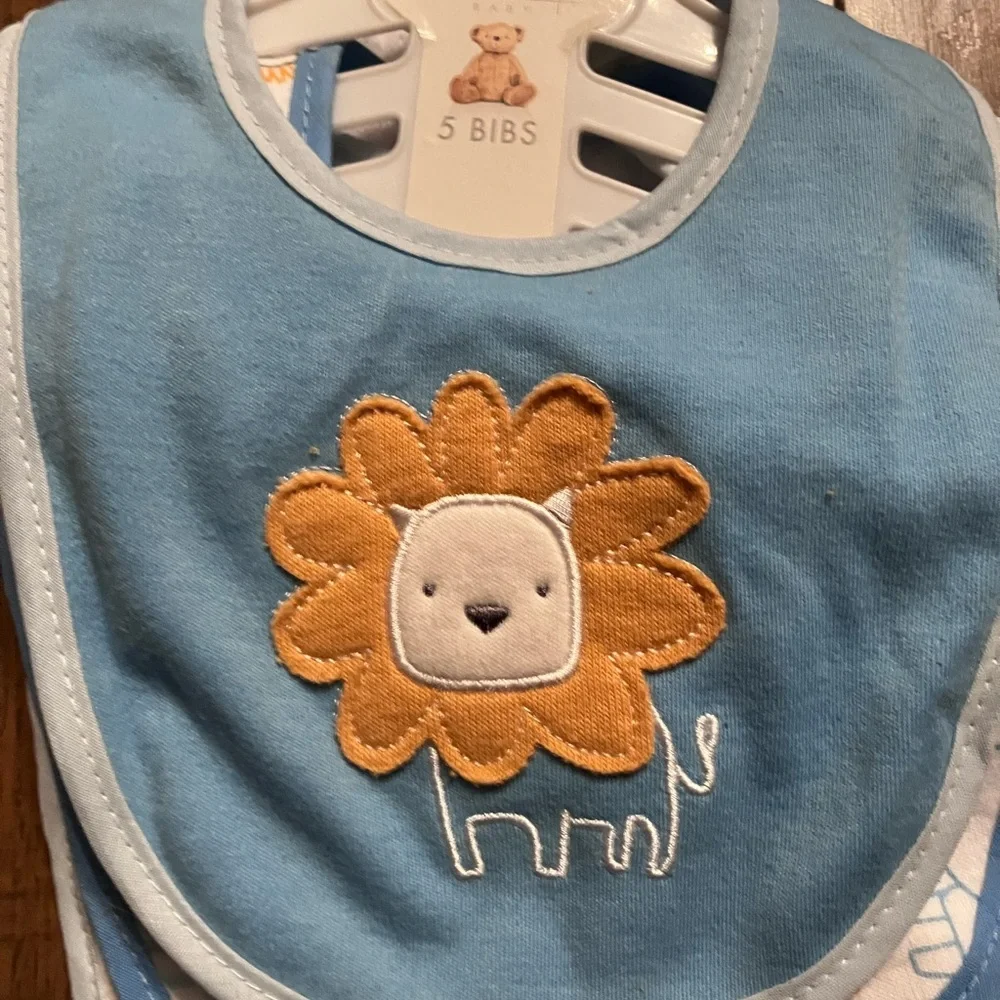 BonBebe Baby Bibs Lot of 5 New 6x6 Inches Blue/White/Lion